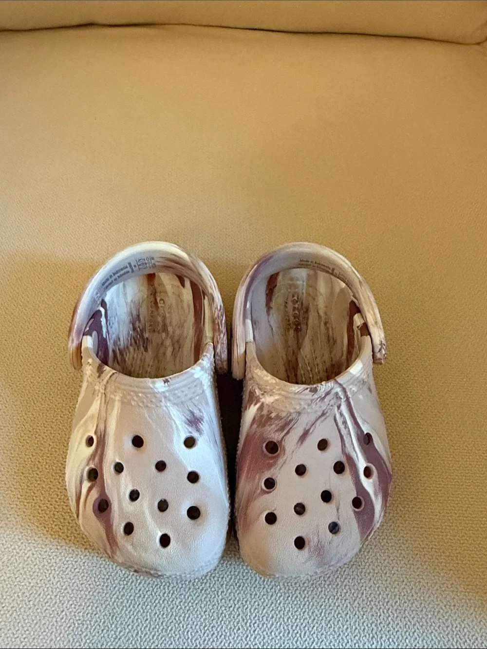Kids Crocs in Light Pink, White and Mauve Marble Pattern